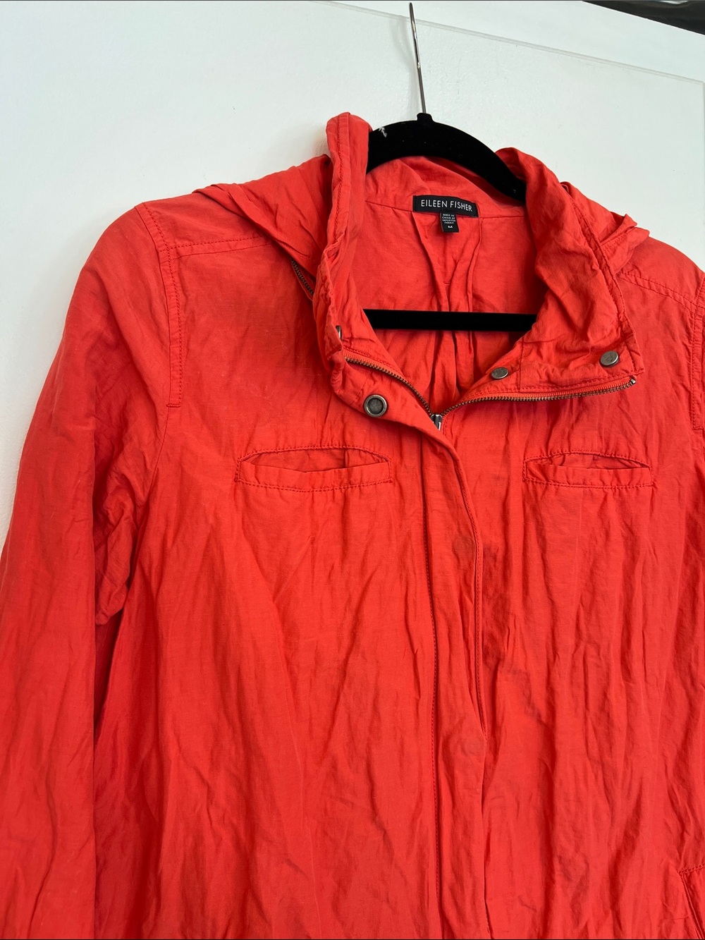 Eileen Fisher Coral-Red Bold Bright Color Lightweight Hooded Trench Coat Jacket